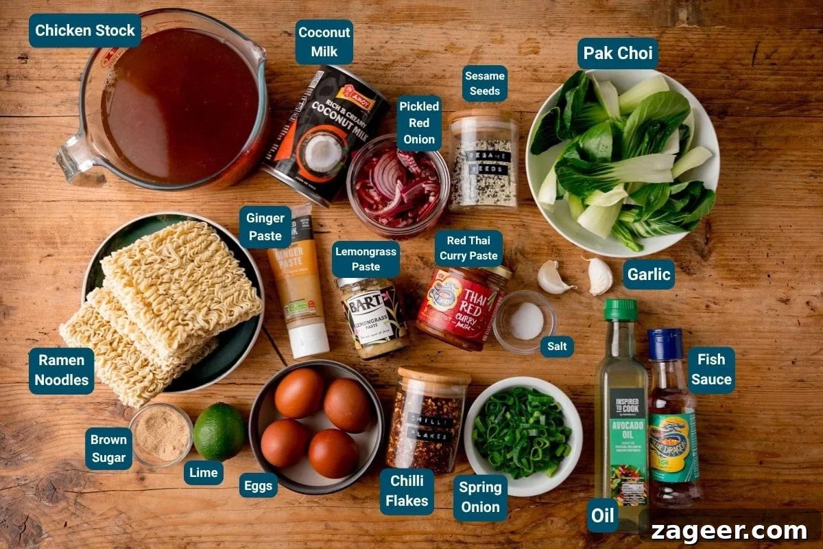Spicy Pork Curry Ramen Recipe for Bold Flavor 5 A top-down view of ingredients on a wooden table for curry ramen including chicken stock, coconut milk, pak choi, ramen noodles, eggs, lime, garlic and assorted sauces and seasonings. All ingredients are labelled.
