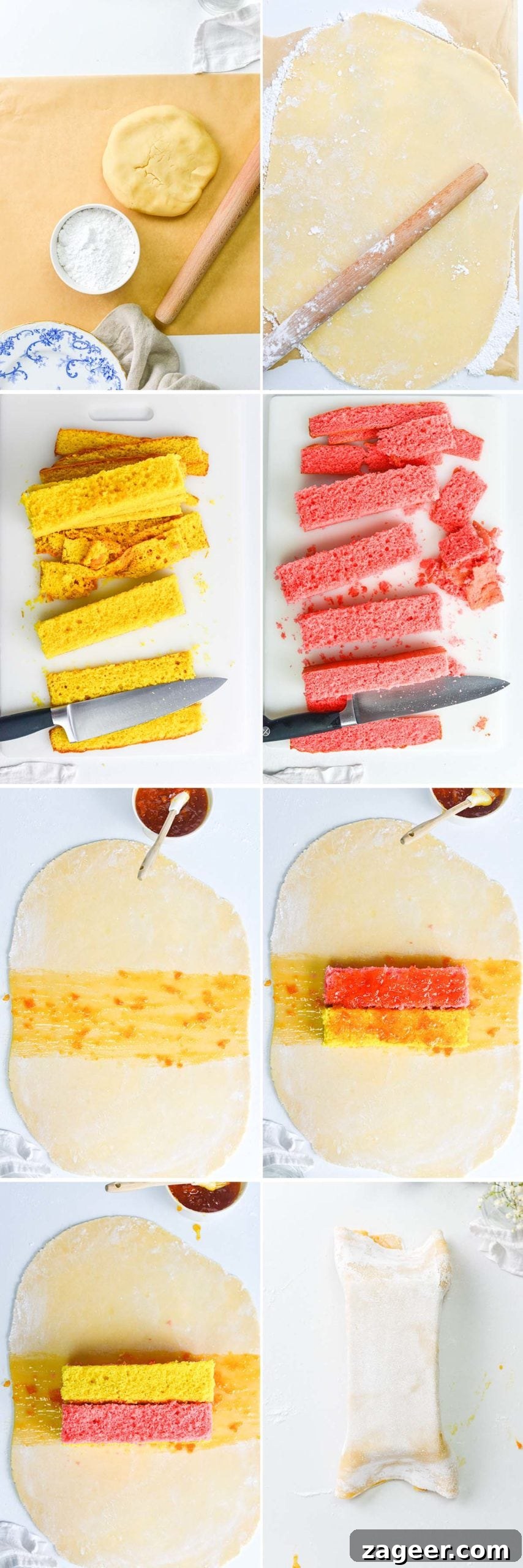 Perfect Battenberg Cake Recipe: Step-by-Step Guide 5 8 image collage showing how to assemble battenberg cake