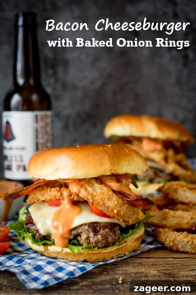 Crispy Bacon Cheeseburger with Baked Parmesan Onion Rings 2 Bacon Cheeseburger with Baked Parmesan Onions Rings on a wooden board with a bottle of beer in the background