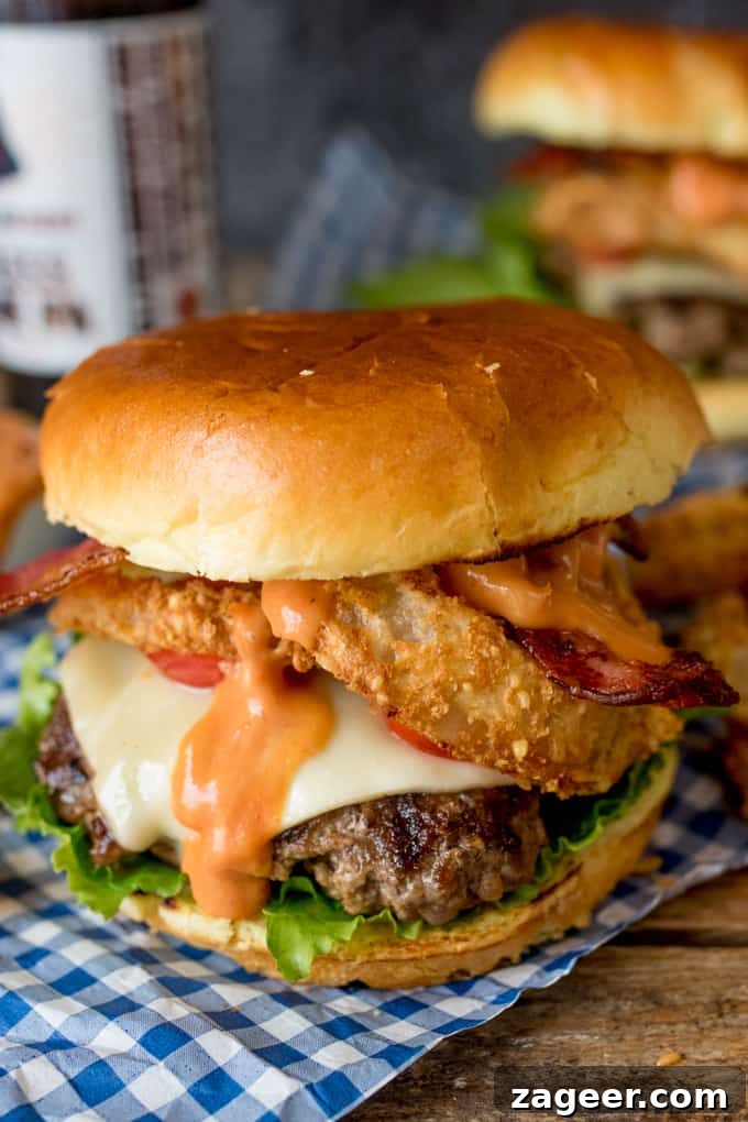 Crispy Bacon Cheeseburger with Baked Parmesan Onion Rings 3 Close up photo of Bacon Cheeseburger with Baked Parmesan Onions Rings