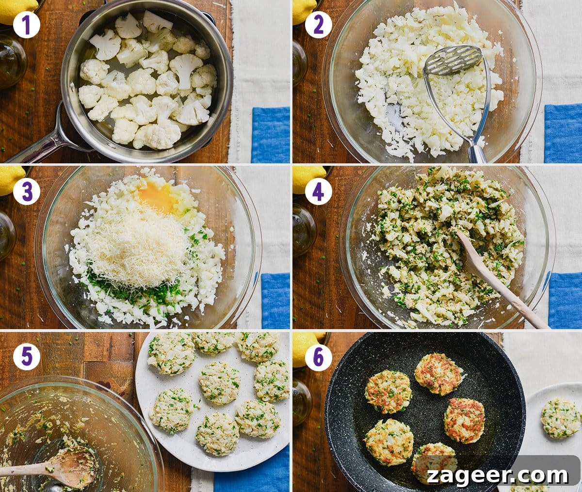 6 image collage showing how to make cauliflower fritters