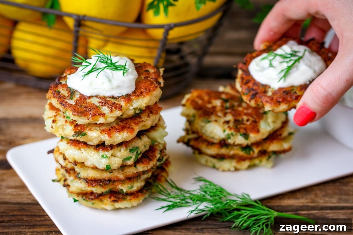 Two stacks of cauliflower fritters on a white plate. A hand is taking one of the fritters. In the background is a basket of lemons.