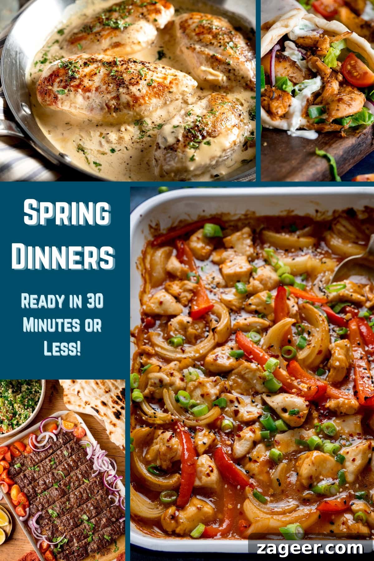 11 Fresh Spring Dinners Ready in 30 Minutes or Less 2 Collage of various spring dinner dishes, including Tarragon chicken, chicken gyros, Sheet pan kebab, and chicken stir fry traybake with text: Spring Dinners Ready in 30 Minutes or Less!