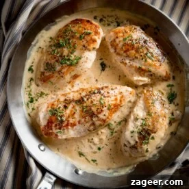 11 Fresh Spring Dinners Ready in 30 Minutes or Less 4 A square photo of a pan of cooked Tarragon chicken in a creamy sauce, sprinkled with chopped parsley, laid on top of a stripy grey and white tea towel