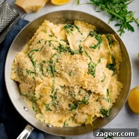 11 Fresh Spring Dinners Ready in 30 Minutes or Less 9 A frying pan filled with ravioli in a creamy lemon sauce, topped with grated cheese and rocket, with lemon wedges and herbs on the side.