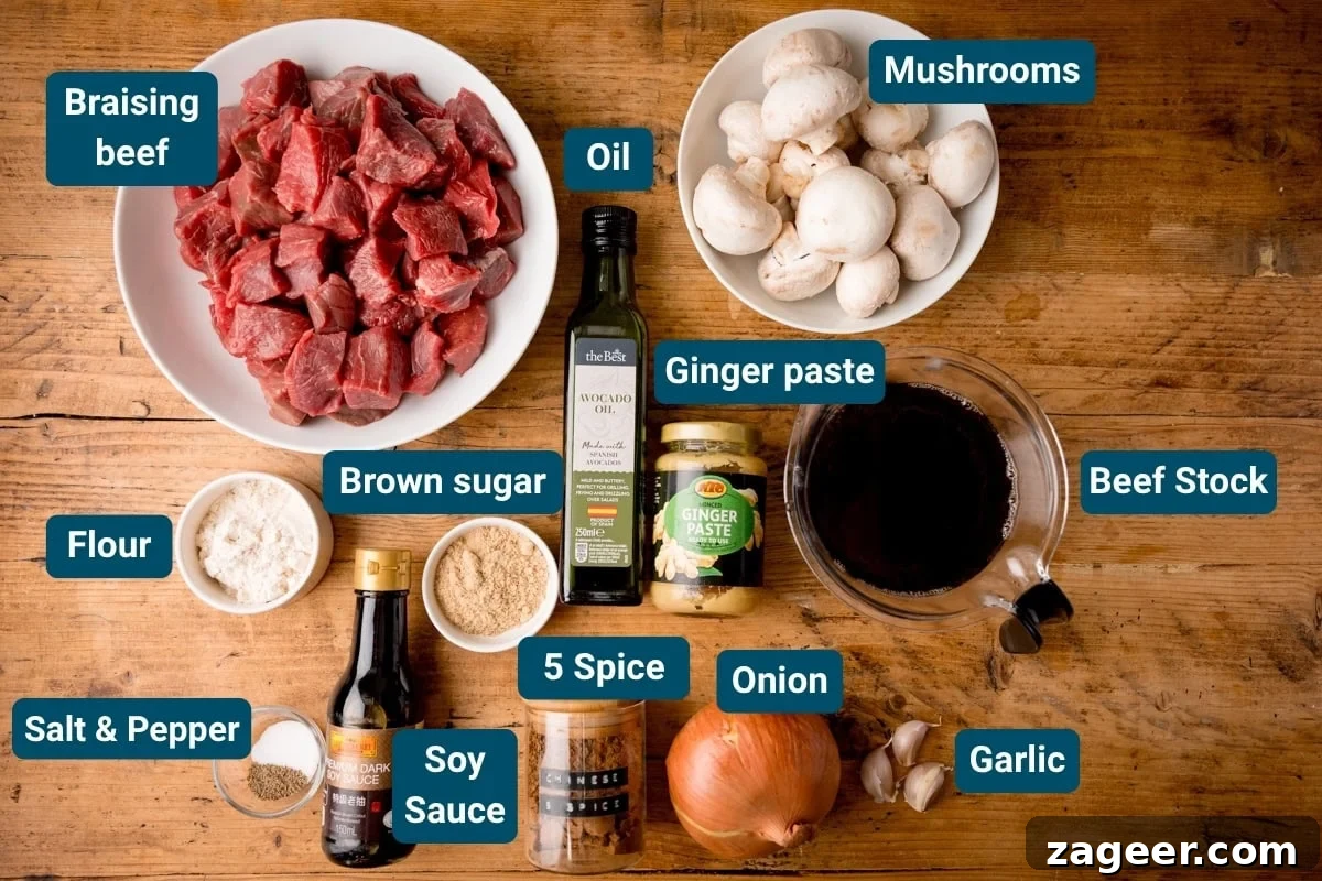 Authentic Chinese-Style Beef Curry Recipe for Home Cooking 4 Top-down view of ingredients for Chinese Beef curry on a wooden board, including chopped beef, mushrooms, onion, garlic, ginger paste, oil, soy sauce, flour, brown sugar, five spice, salt and pepper. Each ingredient is labelled.