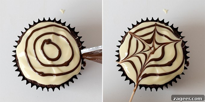 Spider Web Chocolate Cupcakes for Halloween Parties 6 2 images showing the spiderweb topping being piped onto chocolate cupcakes.
