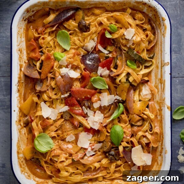One-Pot Chicken and Broccoli Pasta Dinner in 30 Minutes 10 Tagliatelle in a creamy roasted vegetable sauce topped with basil.