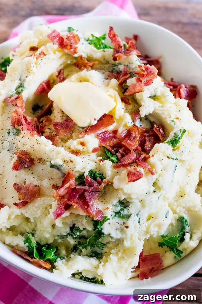 Creamy Mashed Potatoes with Kale and Crispy Bacon 2 Buttery Kale and Bacon Mashed Potatoes makes a great side dish - or even a meal in itself! Perfect as a side dish for Christmas or Thanksgiving.