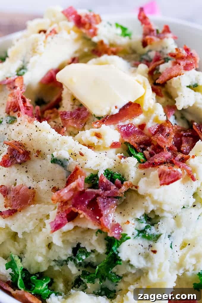 Creamy Mashed Potatoes with Kale and Crispy Bacon 3 Buttery Kale and Bacon Mashed Potatoes makes a great side dish - or even a meal in itself! Perfect as a side dish for Christmas or Thanksgiving.