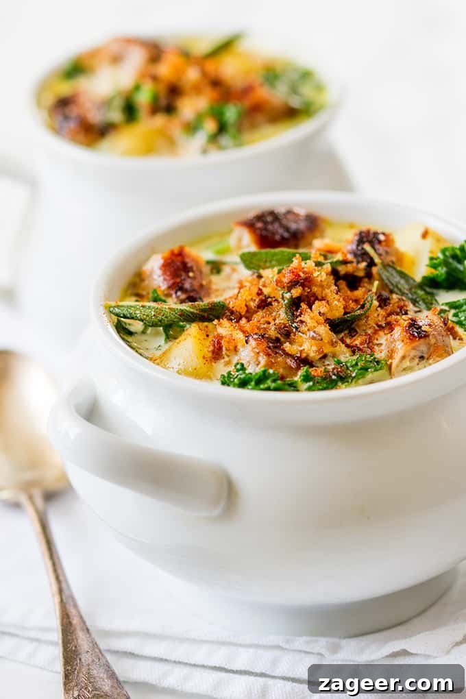 Creamy Sausage and Sage Soup with Buttered Breadcrumb Topping 4 Creamy Sausage Soup with Buttered Breadcrumbs and Sage - a proper posh soup!