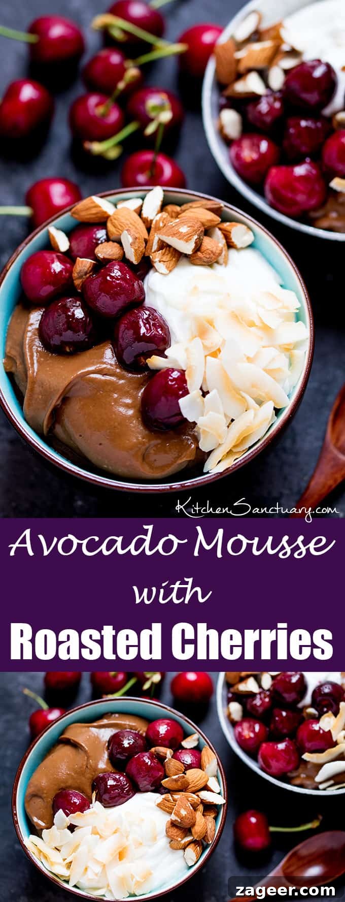 Avocado chocolate mousse bowl with roasted cherries - sweet, indulgent but healthier too!