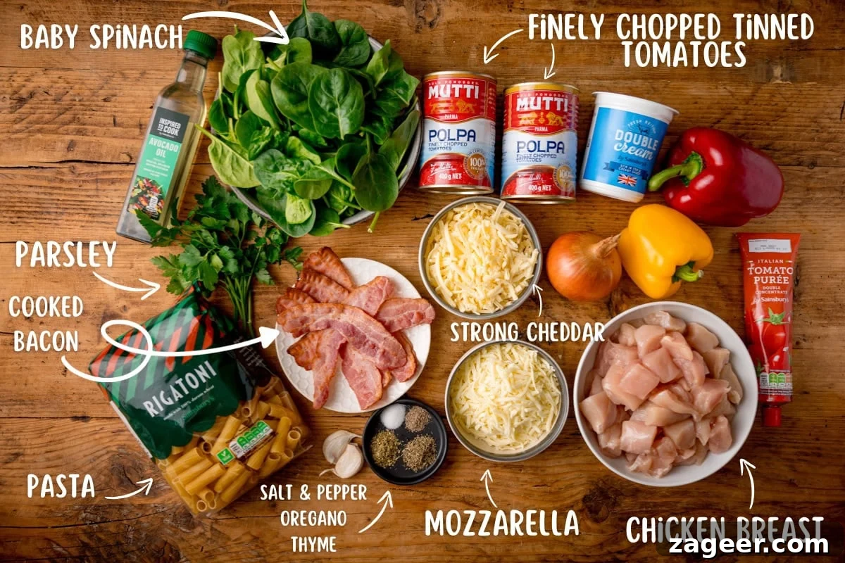 Ingredients for a cheesy chicken bacon pasta bake rest on a wooden surface, featuring spinach, pasta, parsley, bacon, cheese, chicken, tinned tomatoes, peppers, onion purée, oil, and seasonings. There is white text with arrows labelling most of the ingredients.