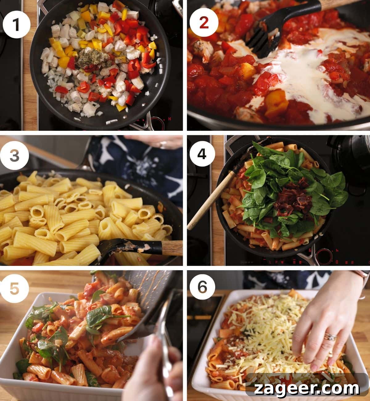 Chopped onions, capsicums, and spices sizzle in a pan. Creamy tomato mixture melds with rigatoni pasta. Fresh spinach mingles with cooked pasta before being tossed in a rich sauce. Finally, its all topped with cheese for a cheesy chicken bacon pasta bake full of irresistible layers of flavour.