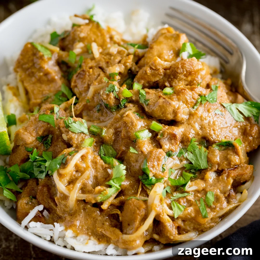 Thai-Style Peanut Pork Recipe: Savory Stir-Fry with Crunchy Peanuts 9 A close up photo of Thai Style Peanut Pork in a white bowl with a sprinkling of fresh coriander.