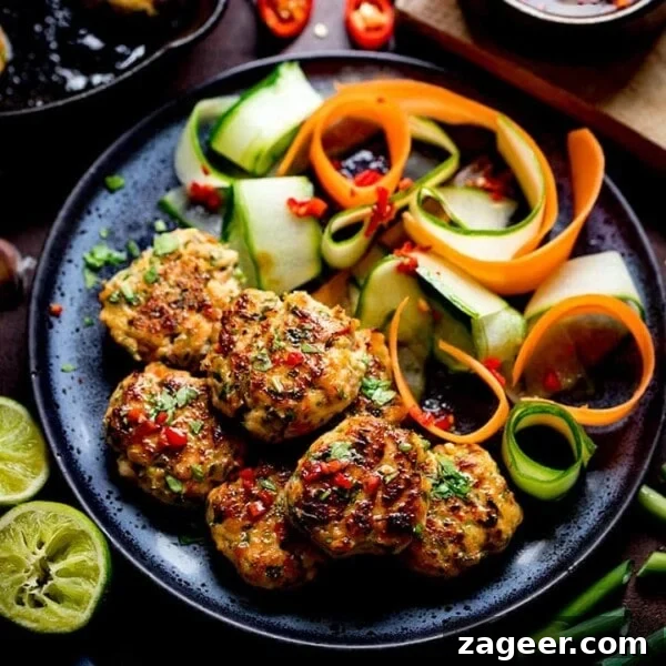 Thai-Style Peanut Pork Recipe: Savory Stir-Fry with Crunchy Peanuts 12 Thai Fishcake Bites and vegetable ribbons on a dark plate