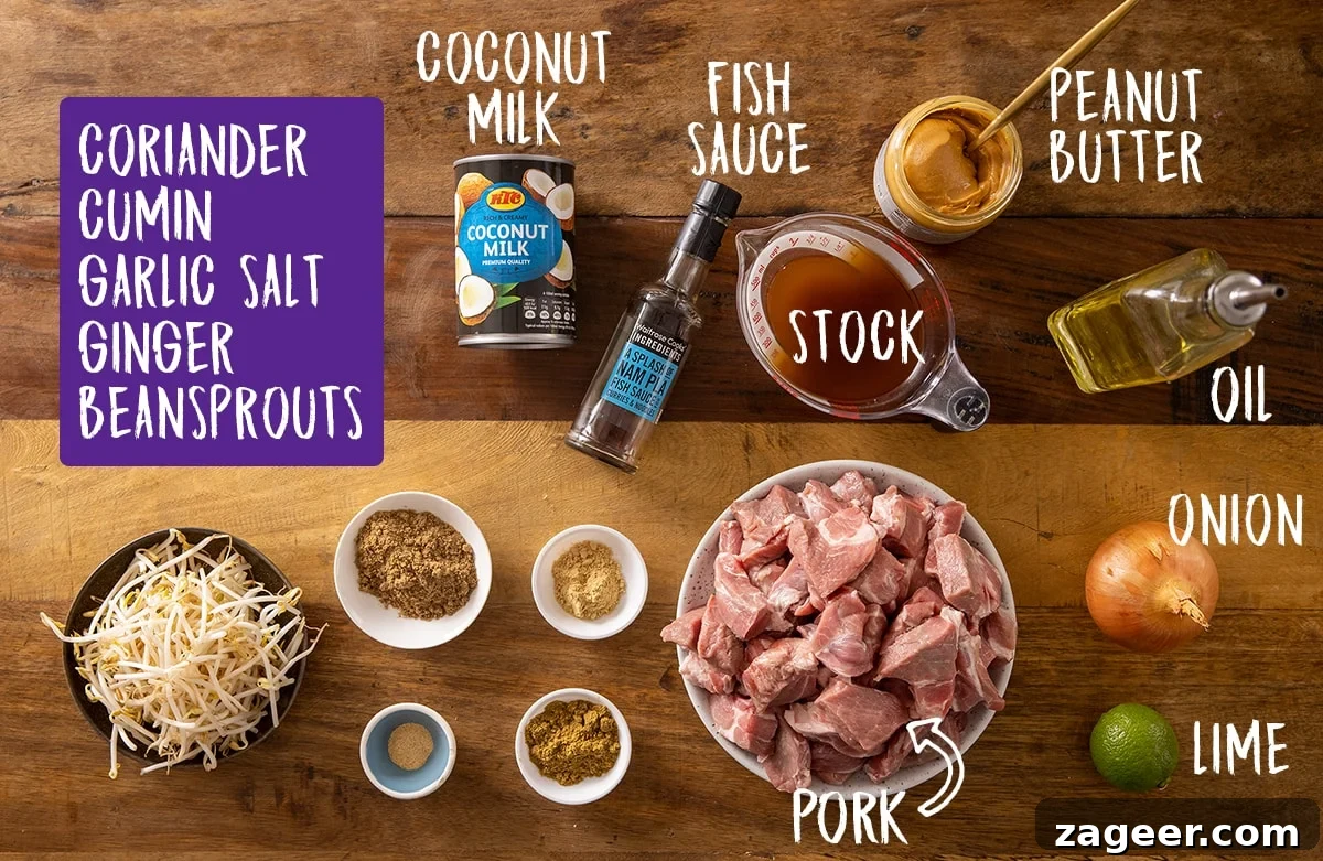 Thai-Style Peanut Pork Recipe: Savory Stir-Fry with Crunchy Peanuts 3 overhead photo of Ingredients for peanut pork laid out on wooden board.