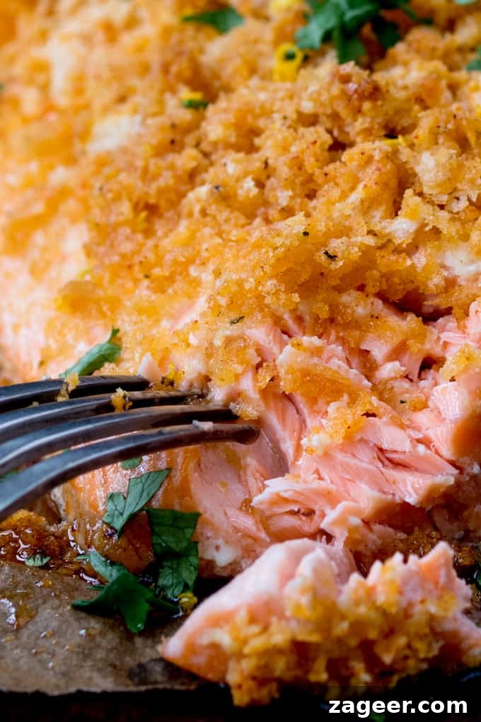 Garlic-Crusted Salmon with Crunchy Bread Topping 4 Close up shot of Garlic Bread Crusted Salmon with a fork