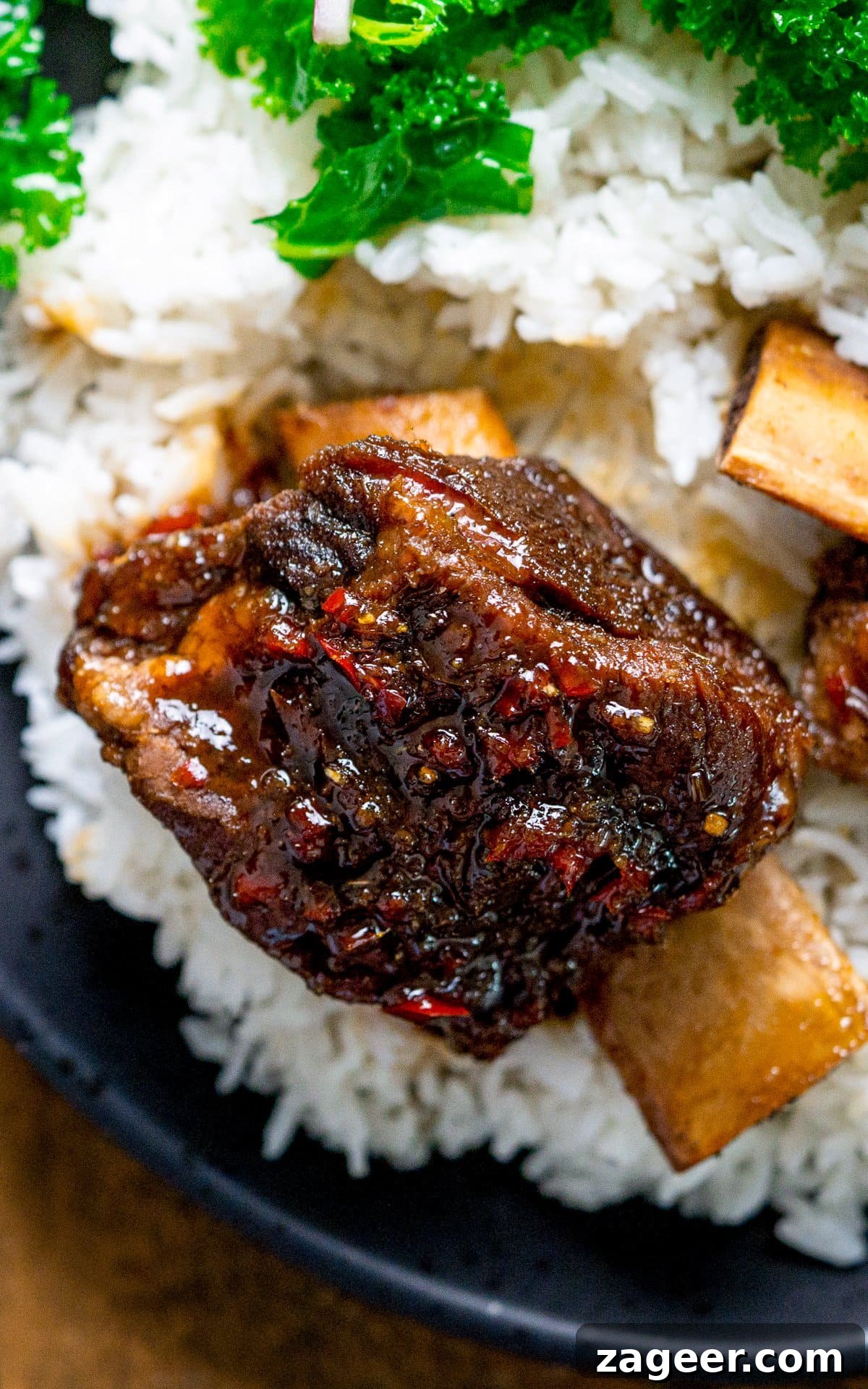 Overhead shot of slow cooked sticky short ribs on a bed of boiled rice.