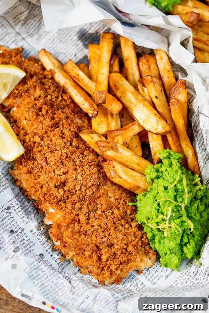 Crispy Baked Fish & Chips with Lemon Smashed Peas 2 These fish and chips may be baked instead of fried, but they’ve still got all the flavour and crunch of the fried version!