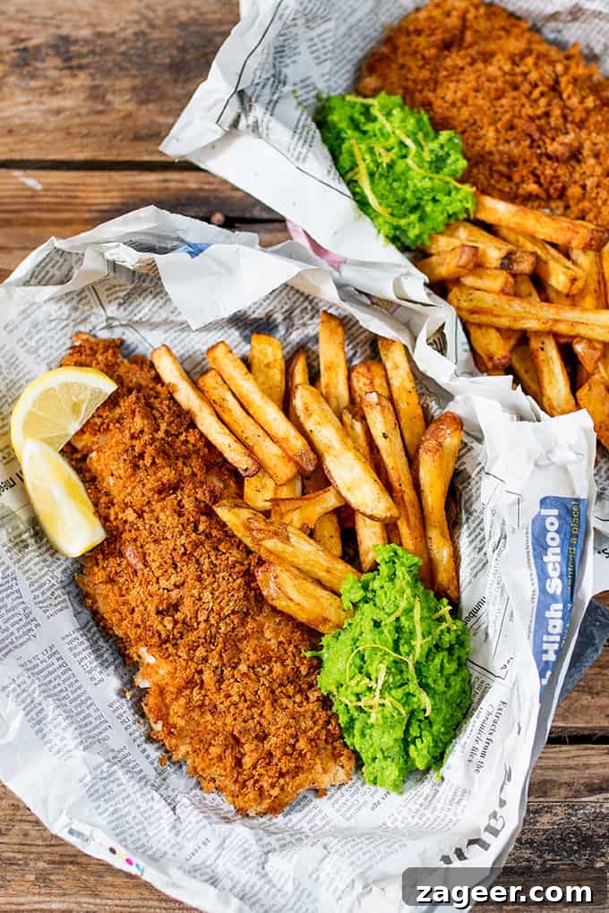Crispy Baked Fish & Chips with Lemon Smashed Peas 3 These fish and chips may be baked instead of fried, but they’ve still got all the flavour and crunch of the fried version!