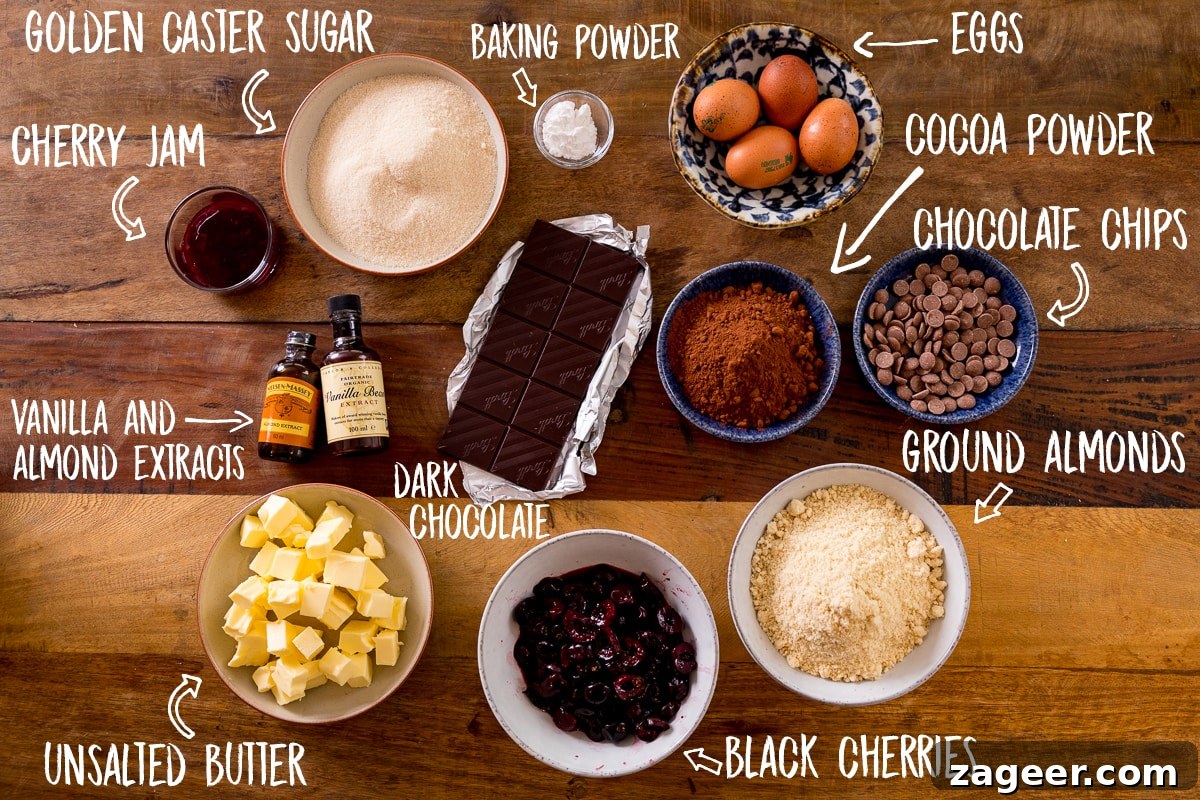 Decadent Chocolate Cherry Layer Cake Recipe 4 Ingredients for Chocolate Cherry Cake on a wooden table