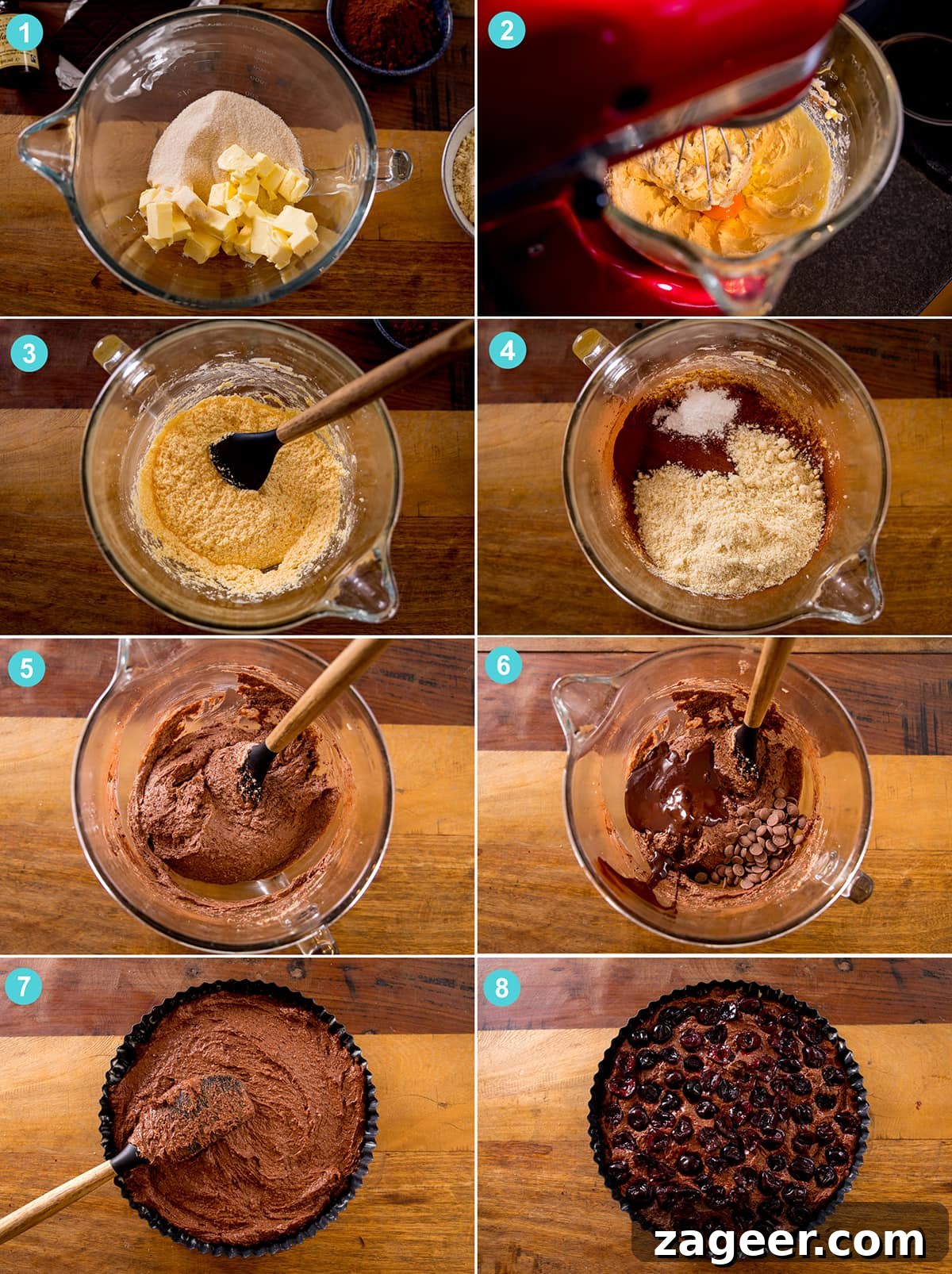 Decadent Chocolate Cherry Layer Cake Recipe 5 8 image collage showing how to make Chocolate Cherry Cake