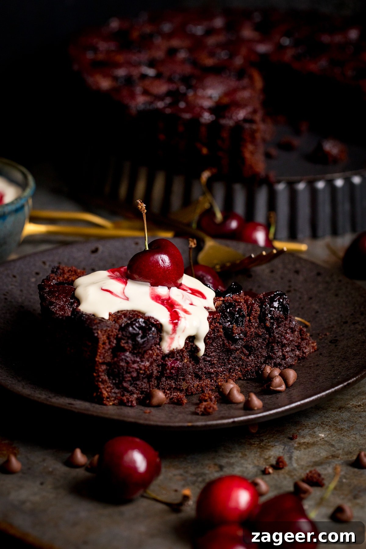 Decadent Chocolate Cherry Layer Cake Recipe 6 Chocolate Cherry Cake slice on a dark plate. Cherries in foreground, rest of cake in background.