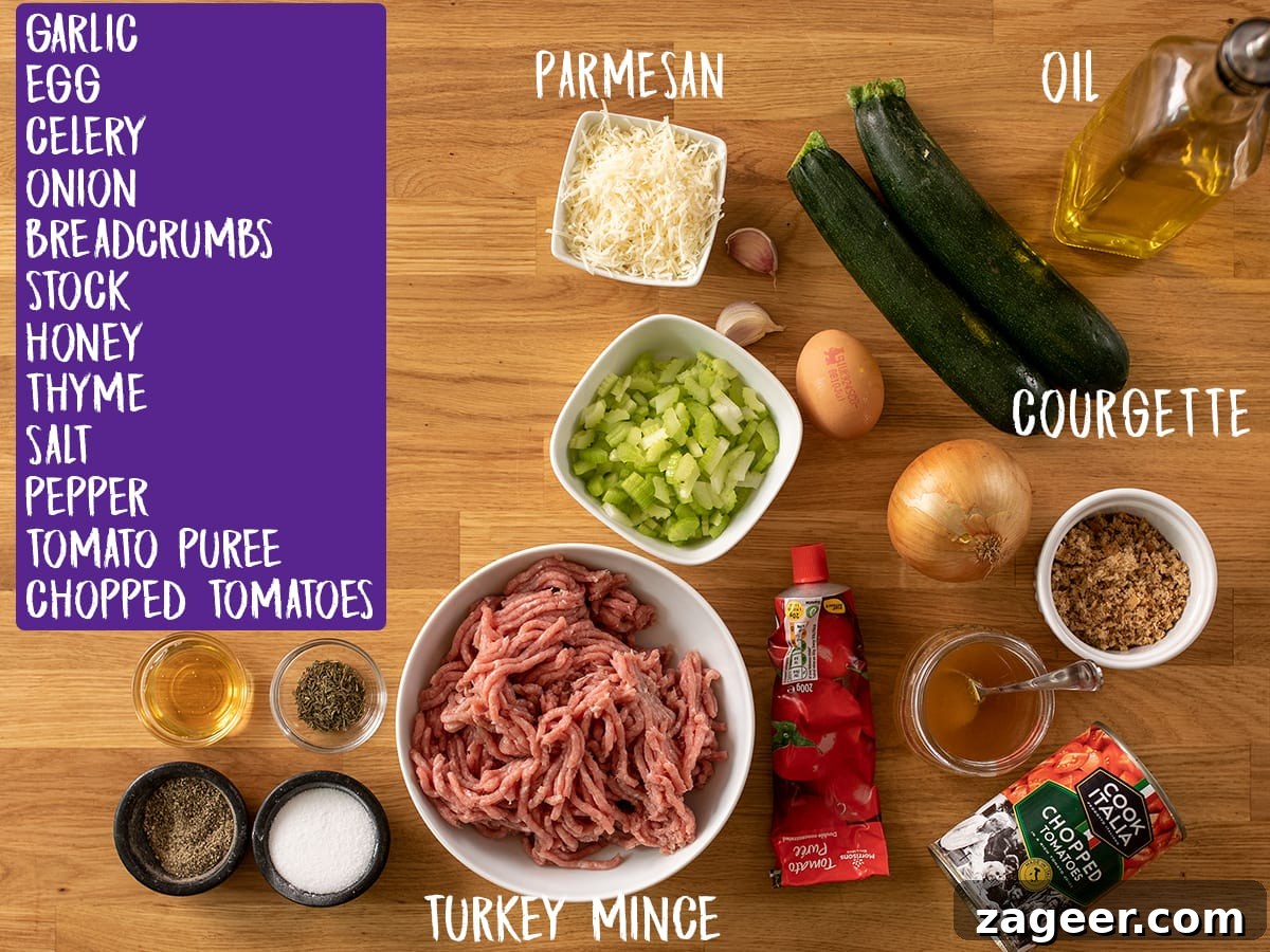 One-Pot Turkey Meatballs with Zucchini Noodles (Courgetti) 3 Ingredients for Turkey Meatballs on a wooden board