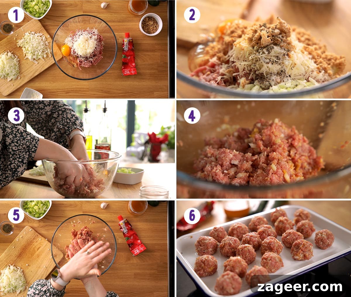 One-Pot Turkey Meatballs with Zucchini Noodles (Courgetti) 4 6 image collage showing initial steps for making turkey meatballs