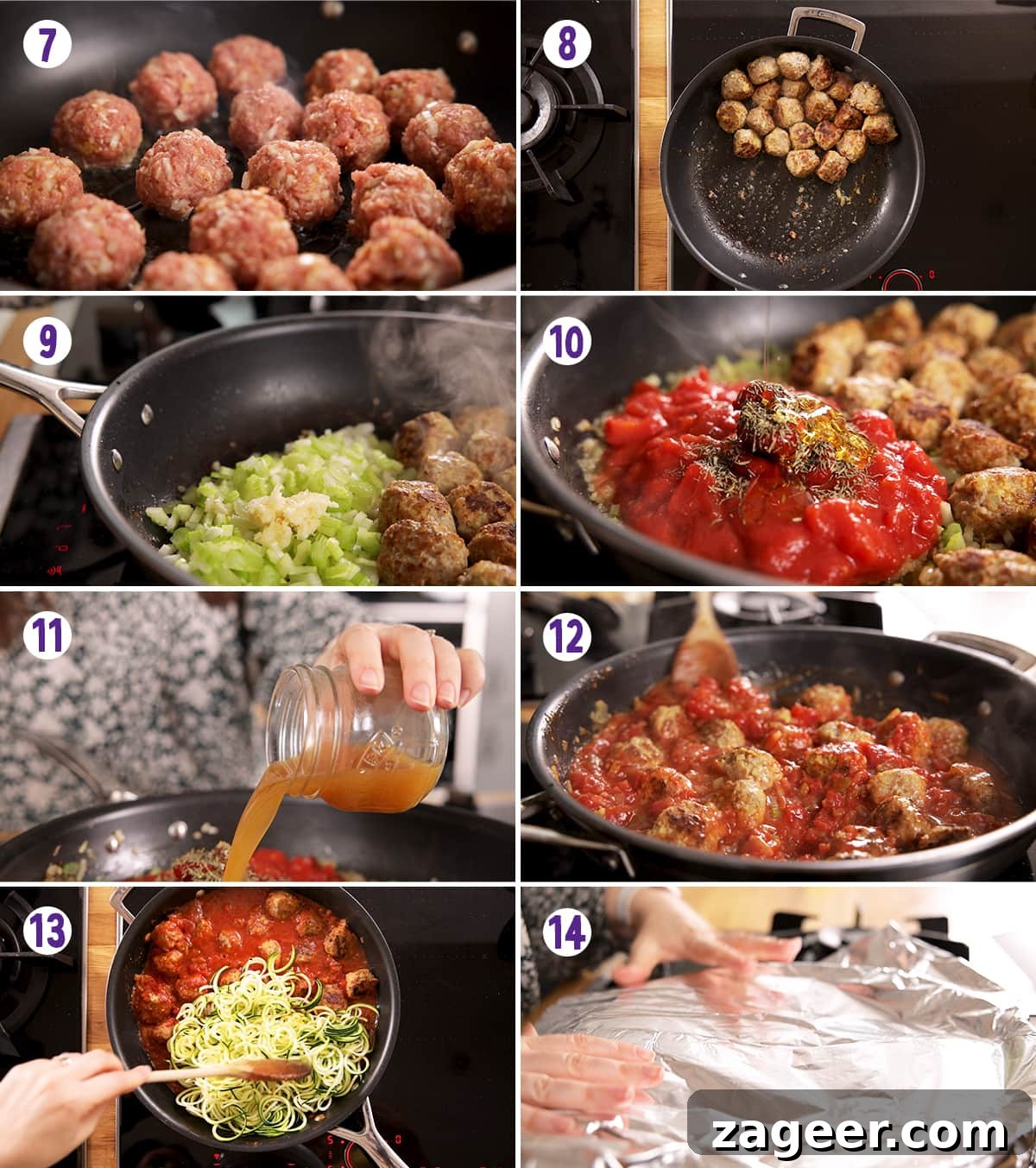 One-Pot Turkey Meatballs with Zucchini Noodles (Courgetti) 5 8 image collage showing final steps for making turkey meatballs with courgetti