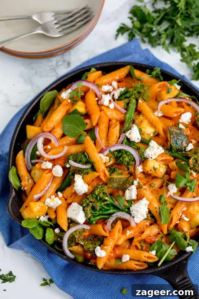 One-Pot Spring Vegetable Tomato and Cheese Pasta 4 One-Pot Cheese and Tomato Pasta with Spring Vegetables and creamy feta - a fab Meat-free Monday meal!
