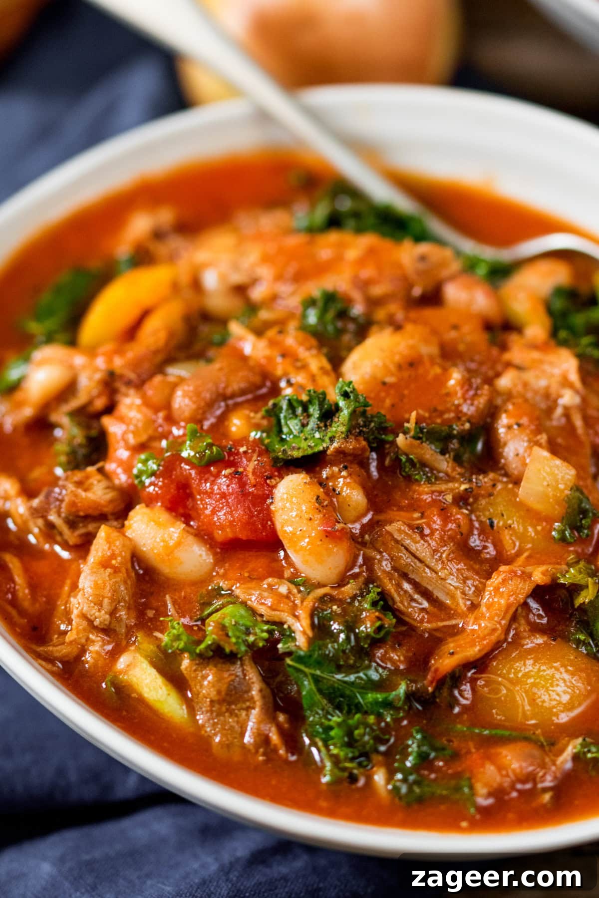 Hearty Pulled Pork and White Bean Soup Recipe 4 A bowl of hearty pulled pork and bean soup with white beans, tomato-based broth, kale, and vegetables, with a spoon resting inside.