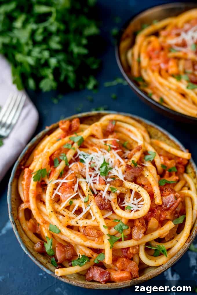Authentic Amatriciana Pasta Recipe: Classic Roman Sauce Guide 2 A bowl full of Amatriciana pasta