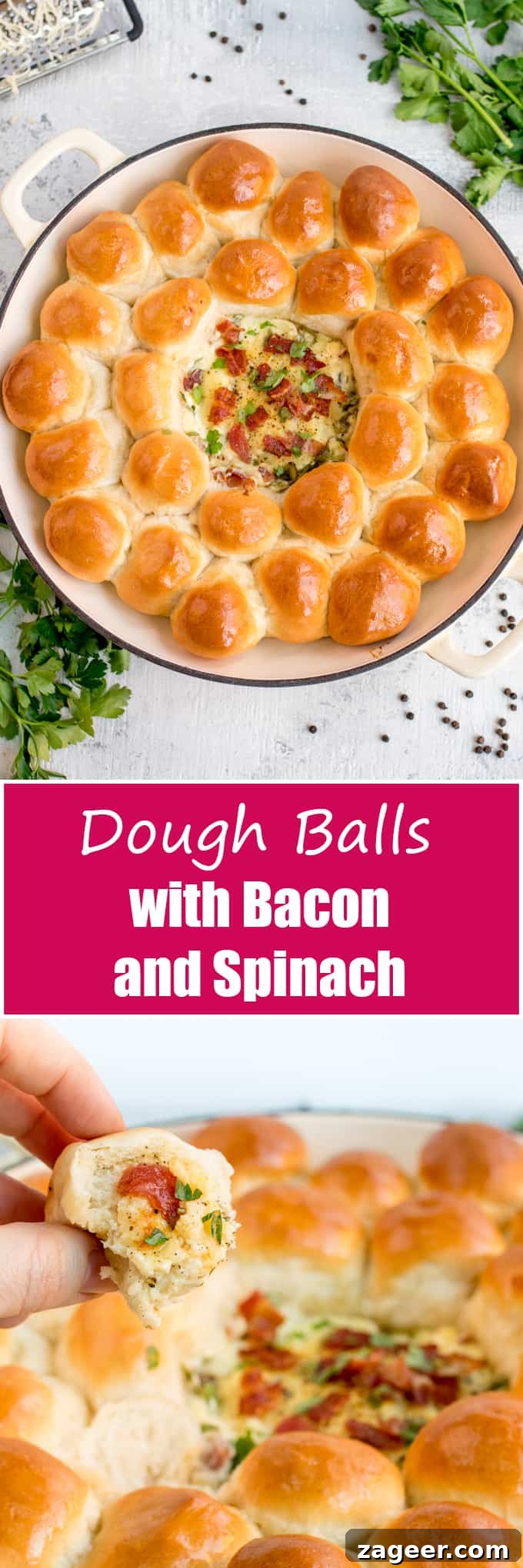 Creamy Spinach and Bacon Dip with Crispy Dough Balls 6 Dough Balls with Creamy Spinach and Bacon Dip - great for parties, BBQs or a family lunch where everyone can dig in!