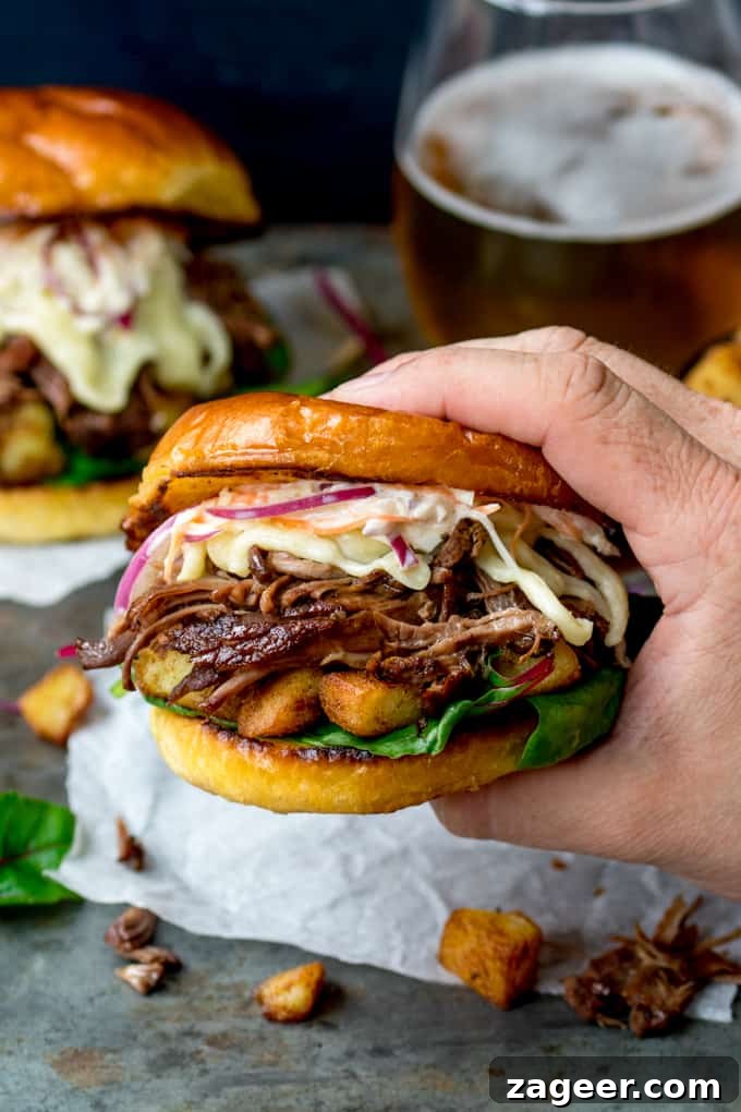 Smoky Brisket Sandwich with Garlic Sautéed Potatoes & Coleslaw 5 This Brisket Sandwich with garlic sauté potatoes and homemade coleslaw is proper man-food - perfect for Father's day!