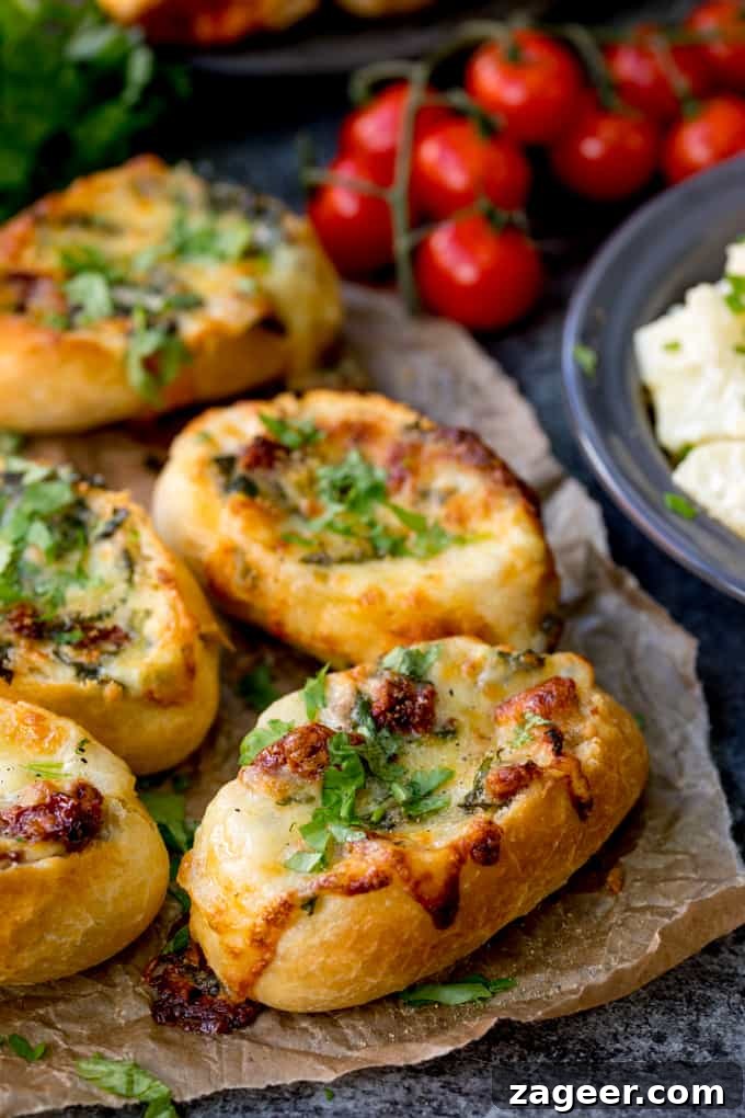 Spinach and Sun-Dried Tomato Cheese-Stuffed Bread Recipe 3 Cheese Stuffed Bread with Spinach and Sun Dried Tomato with vine tomatoes in the background