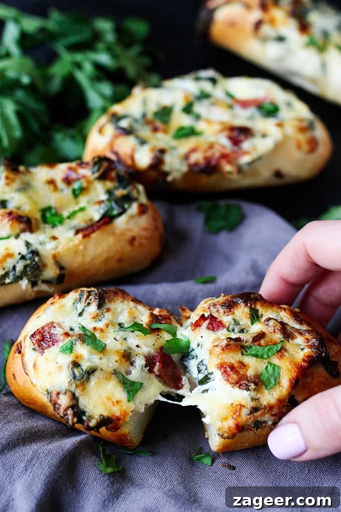 Spinach and Sun-Dried Tomato Cheese-Stuffed Bread Recipe 5 These stuffed cheesy breads with spinach and bacon use part-baked petit pans that cook at the same time as the gooey filling. Perfect for game day!!