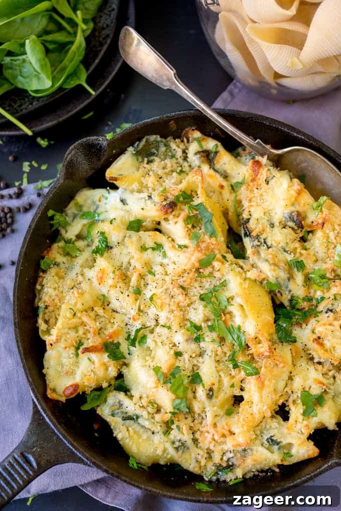 Garlic Spinach Stuffed Shells — Performing at the Big Feastival 2 These garlic and spinach stuffed pasta shells are creamy, cheesy and delicious! A meat-free meal that the kids love too!