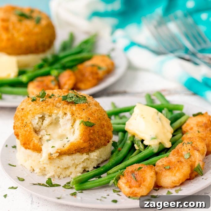 Crispy Garlic Prawns with Cheesy Mash and Fishcakes 4 Close-up of fishcakes with cheesy mash and crispy prawns