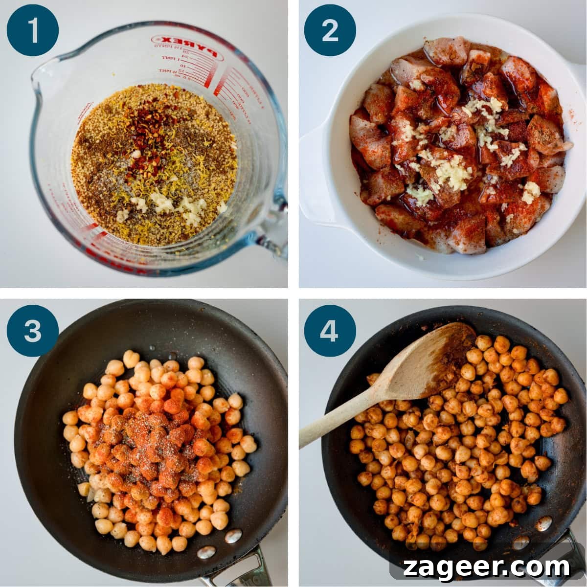 Spicy Chicken Power Bowl with Avocado & Lime Rice 3 Four prep photos in a grid showing the process of marinating the chicken and seasoning and toasting the chickpeas.