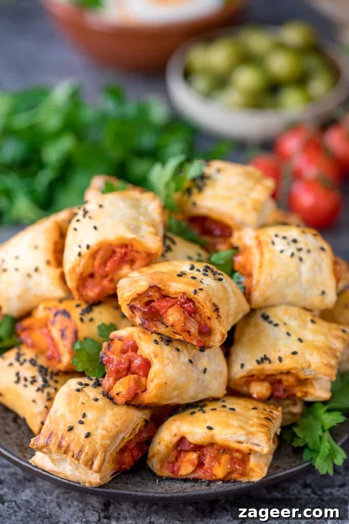 Chicken Chorizo Puff Pastry Rolls: Savory Baked Appetizer Recipe 6 Chicken Chorizo Puff Pastry Rolls - This easy snack uses leftover pasta sauce. Have spaghetti for dinner, and these pastry rolls for lunch the next day!