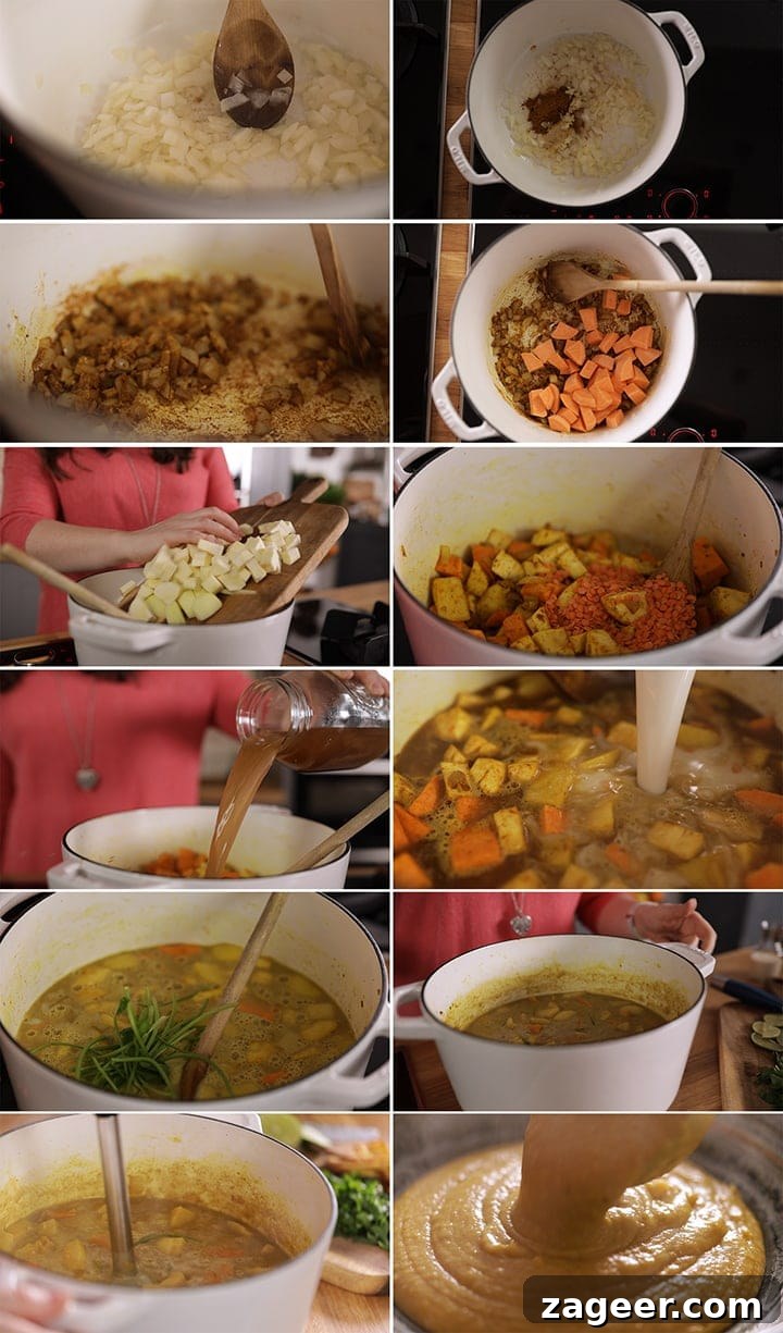 Spicy Parsnip and Sweet Potato Soup Recipe for Cozy Nights 4 12 image collage showing how to make parsnip and sweet potato soup