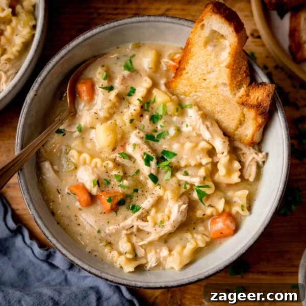 Spicy Parsnip and Sweet Potato Soup Recipe for Cozy Nights 8 A bowl of homemade chicken noodle soup with pasta, carrots, and potatoes, garnished with parsley and served with toasted buttered bread.