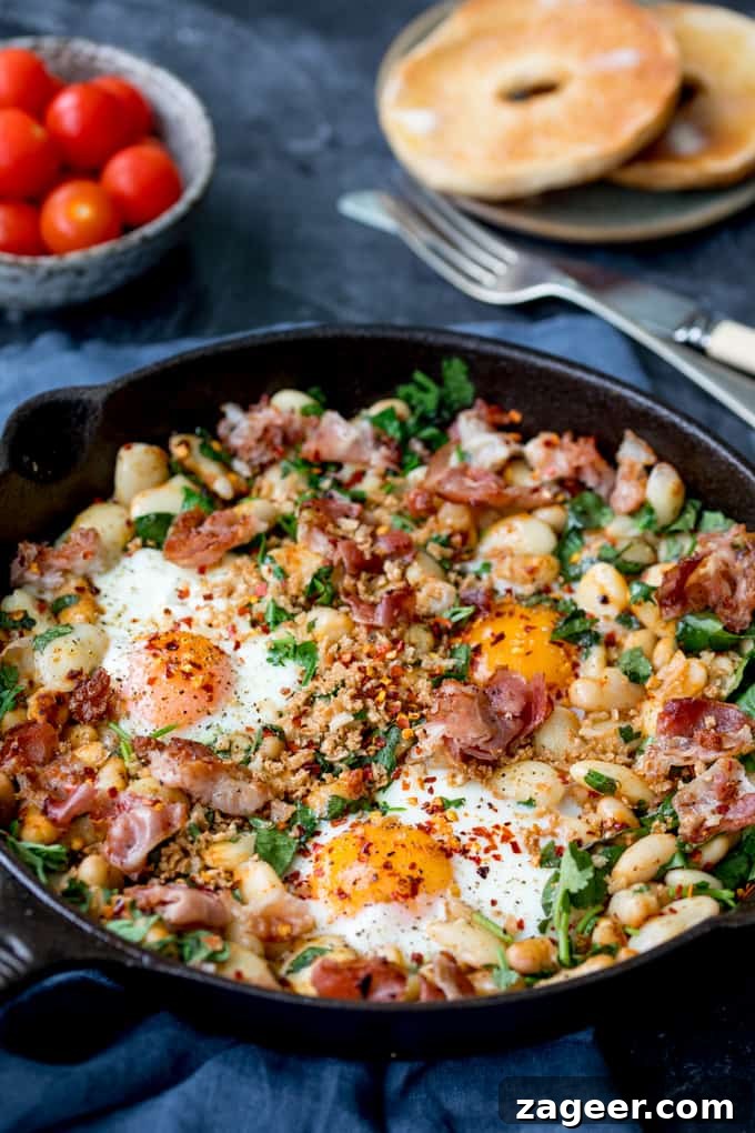 Spicy Scrambled Eggs with Smashed Beans Breakfast Bowl 4 Close in photo of Spicy Egg Breakfast in a skillet