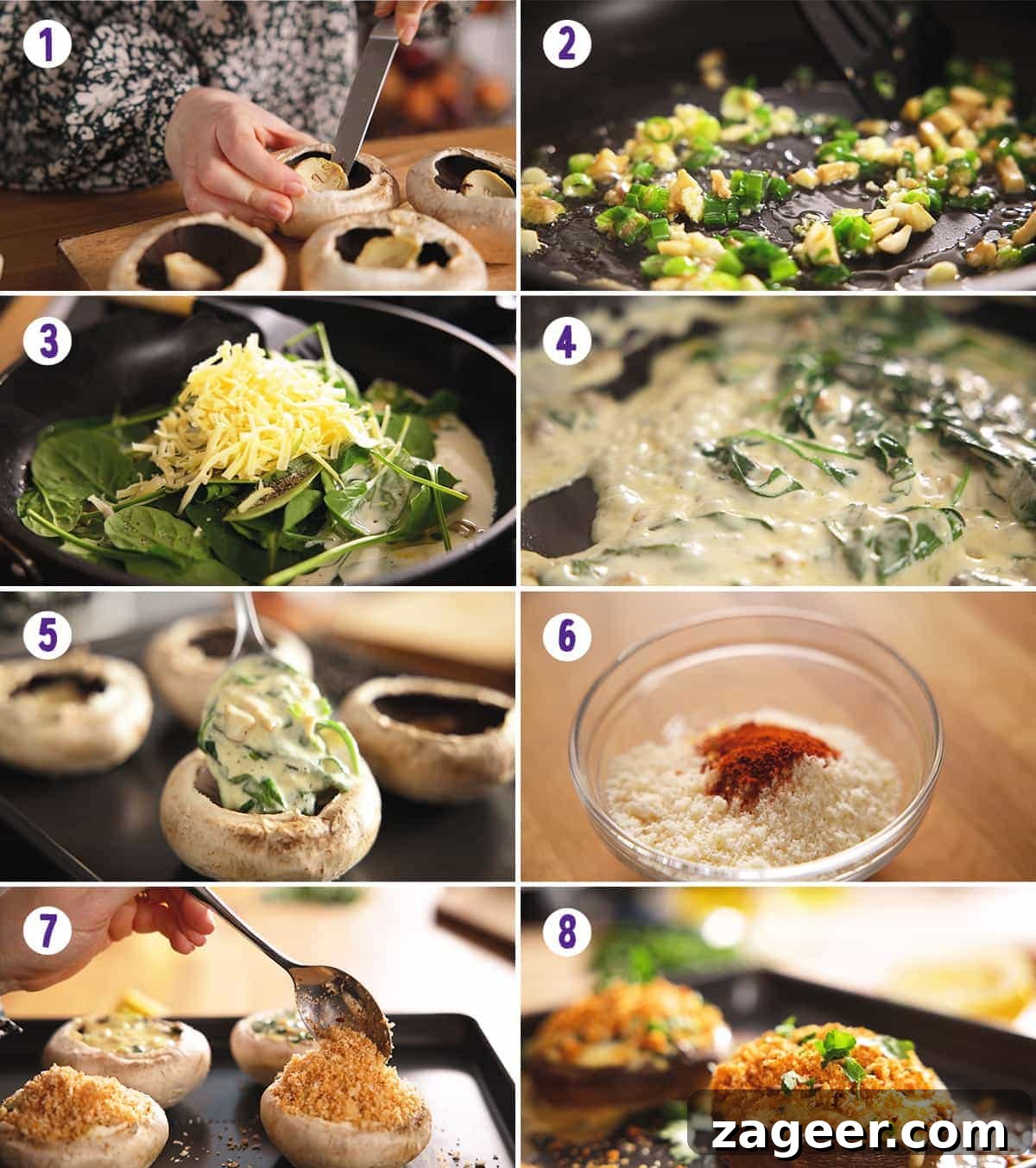 Cheesy Garlic Stuffed Mushrooms Recipe for Entertaining 4 8 image collage showing how to make stuffed mushrooms