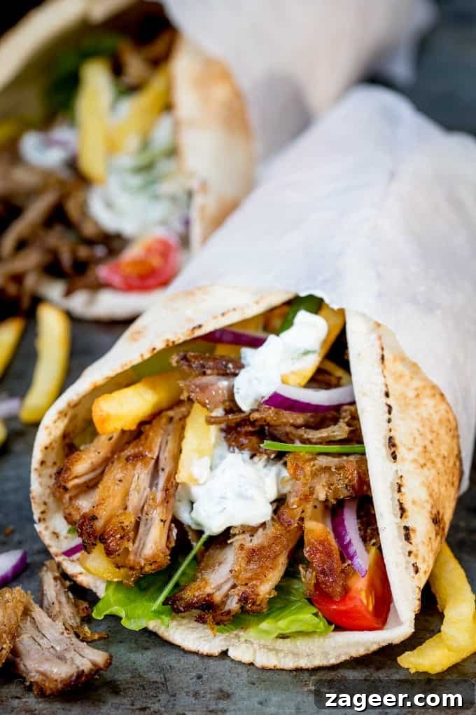 Crispy Pork Gyros Recipe: Greek-Style Sandwich with Tzatziki 2 Crispy Pork Gyros with lettuce, tomato, red onion and tzatziki on an open flatbread