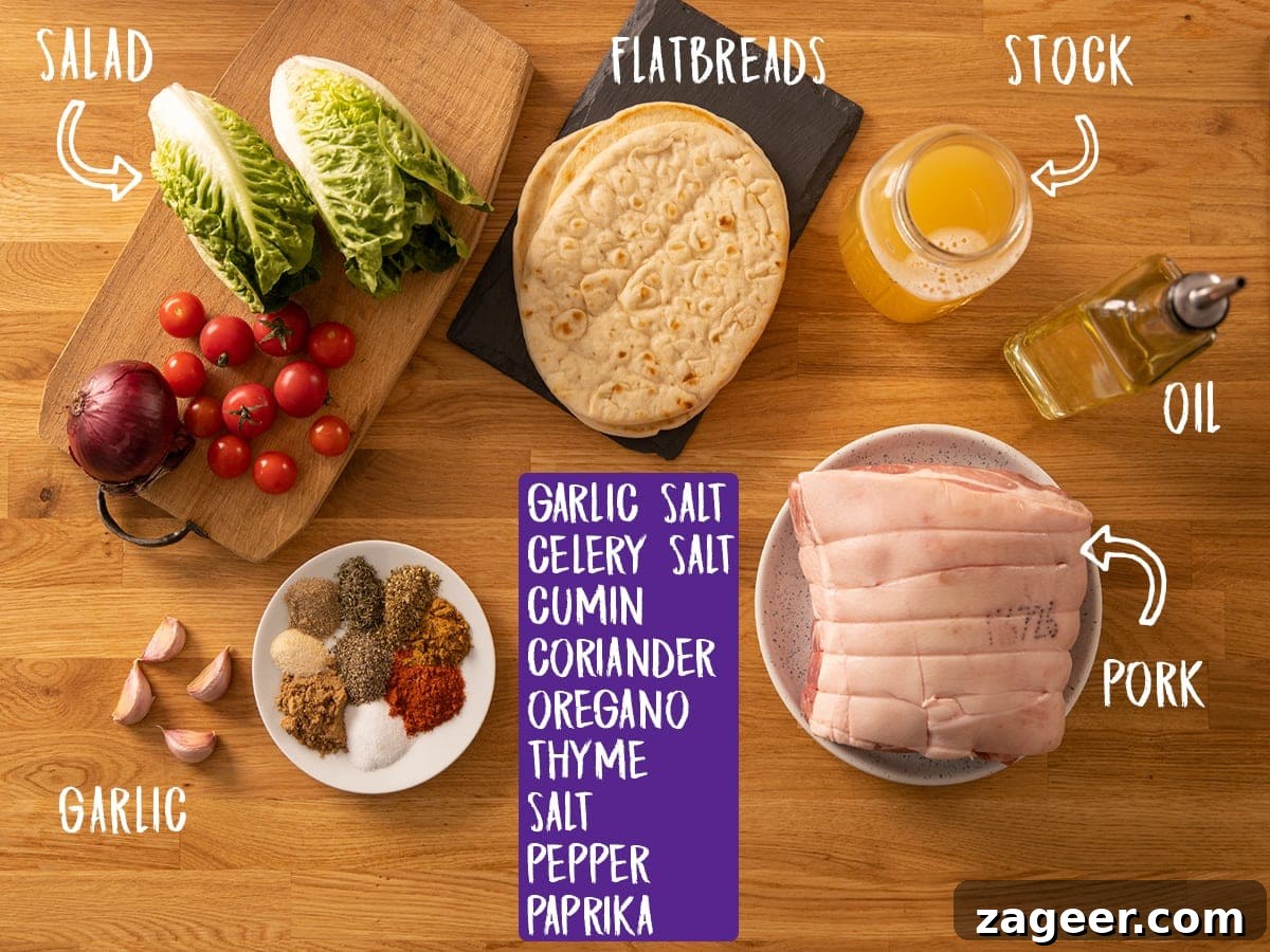 Crispy Pork Gyros Recipe: Greek-Style Sandwich with Tzatziki 4 Ingredients for pork gyros on a wooden table
