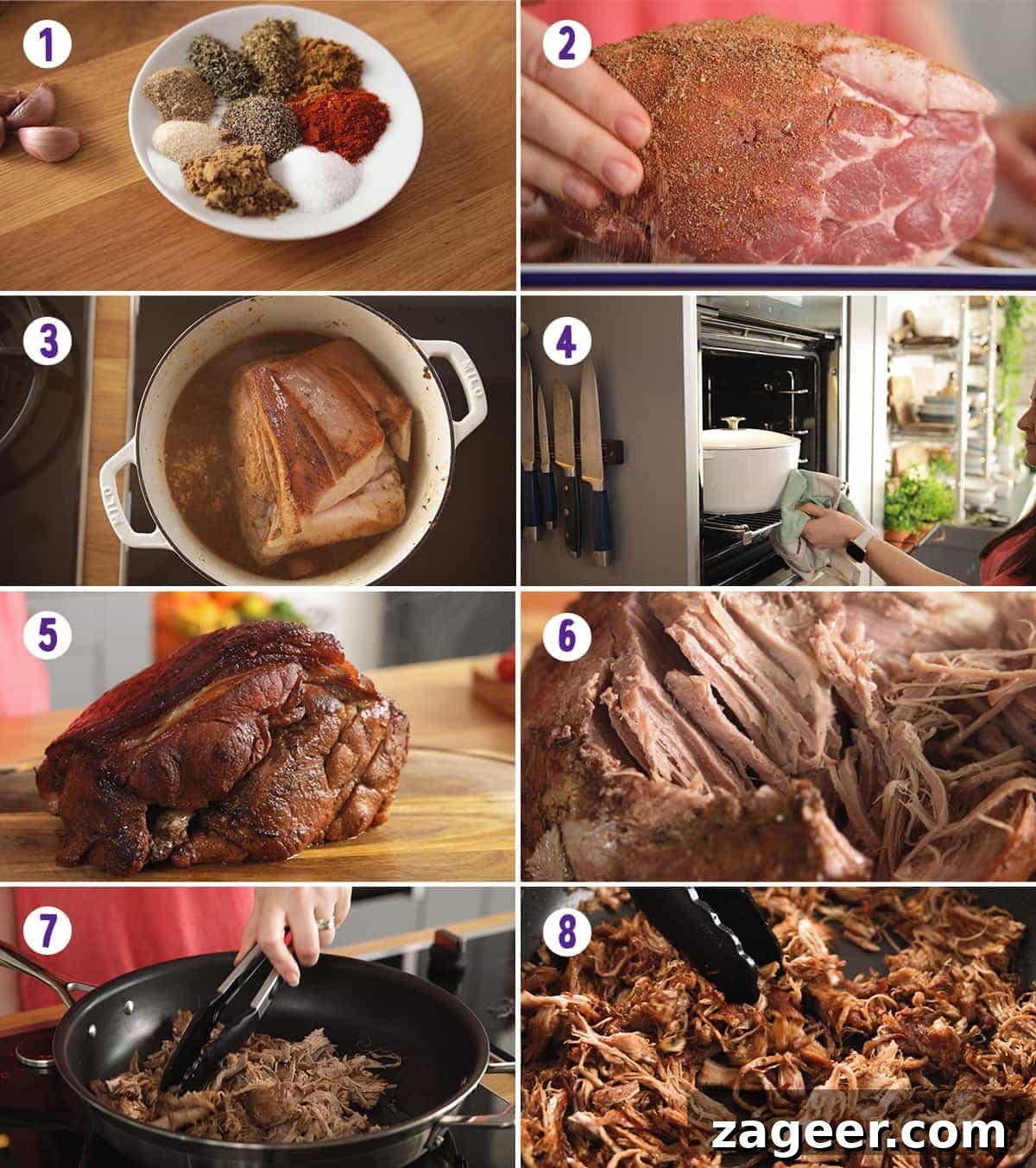 Crispy Pork Gyros Recipe: Greek-Style Sandwich with Tzatziki 5 8 image collage showing how to make Pork Gyros