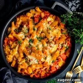 Baked rigatoni pasta with melted cheese, tomato sauce, turkey and ham